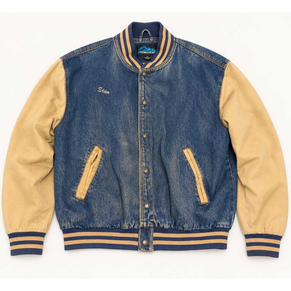 Tri-Mountain Denim Varsity Jacket 2XL '56 Chev Stan Embroidered Blue Tan